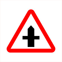 Obraz premium Caution crossing with secondary road. Warning sign. Intersection sign with secondary road. Road sign in triangle isolated on white