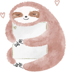 Cute pink sloth with greeting card illustration. Valentine's Day hand drawn art - 692756512