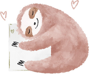 Cute pink sloth with greeting card illustration. Valentine's Day art - 692756555