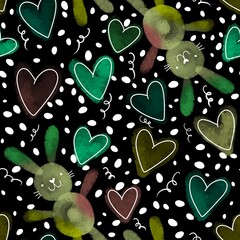 Watercolor cartoon animals seamless bunnies and hearts pattern for wrapping paper and fabrics and linens