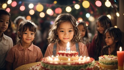 Girl Celebrates Birthday, Birthday Cake and Light Background