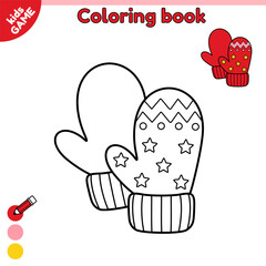 Page of kids coloring book winter mittens. Outline cartoon mittens. Color the contour winter clothes. Activity book for preschool children. Isolated baby vector illustration white background.
