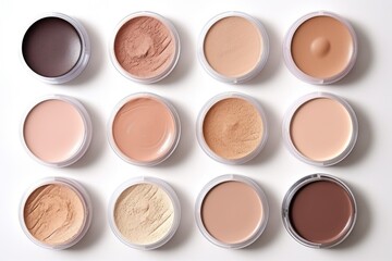 Skin correction makeup products in pots isolated on white background. Foundation, concealer, powder arrange in jars. Samples of eyeshadow, face powder. Beauty, fashion concept. - obrazy, fototapety, plakaty