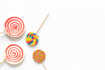 Food pattern. Many colorful lollipops. Sweet food and candies background