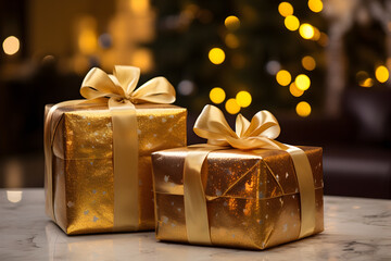 There are Christmas gift boxes on the floor,