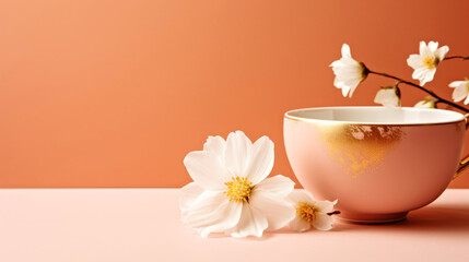 A pink cup with white flowers on a table. Monochrome peach fuzz background.
