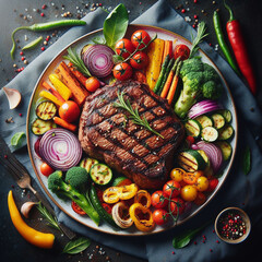 A perfectly seared steak takes center stage on a plate decorated with a variety of bright vegetables. Skillfully prepared steak has a juicy and tender texture that emphasizes the grill