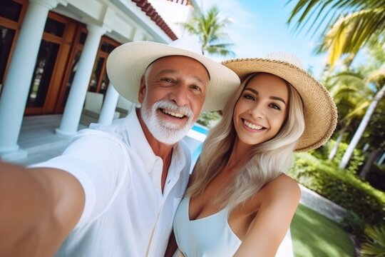 Happy Old wealthy rich man posing with his gorgeous young girlfriend at a luxurious tropical resort taking a selfie looking at the camera