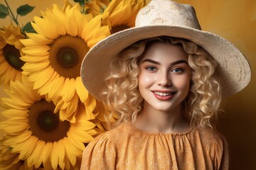Smiling young woman wearing big sunflower hat