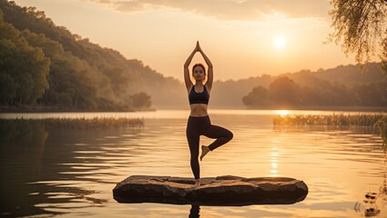 Woman doing yoga in nature on the lake at sunrise

