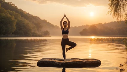 Poster Woman doing yoga in nature on the lake at sunrise   © Tahiti