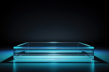 A glass box with a light on top of it. Transparent glass podium, copy-space. - obrazy, fototapety, plakaty
