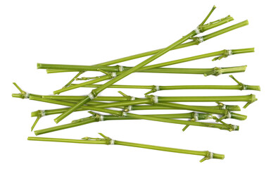 Pile fresh green bamboo twigs, sticks isolated on white, top view