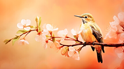 A bird sitting on a branch of a tree. Monochrome peach fuzz background.