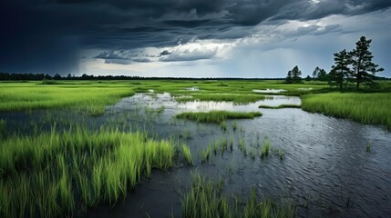 bog swampy marsh landscape illustration swamp fen, estuary reed, wildlife vegetation bog swampy marsh landscape - obrazy, fototapety, plakaty