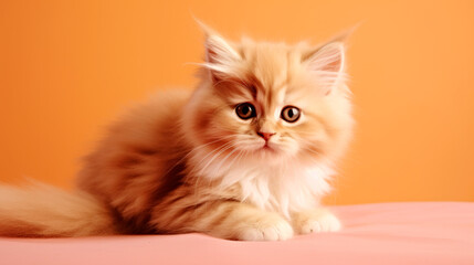 A fluffy cat sitting on top of a bed. Monochrome peach fuzz background.
