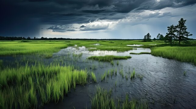 bog swampy marsh landscape illustration swamp fen, estuary reed, wildlife vegetation bog swampy marsh landscape