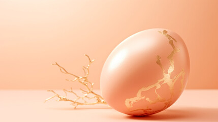 A white egg with a gold design on it. Monochrome peach fuzz background. Happy Easter.