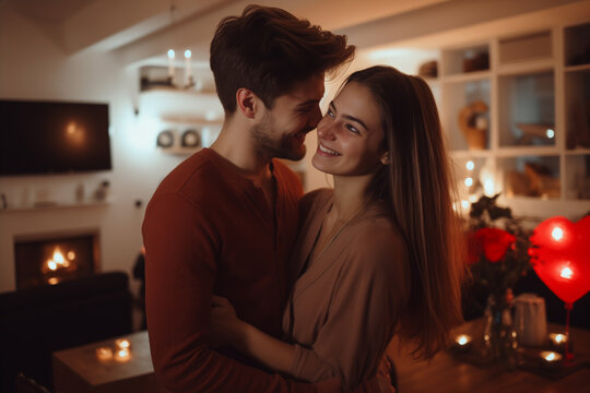 Valentine's Embrace - Young Couple's Cozy Celebration at Home