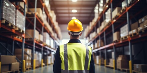 A man wearing a hard hat in a warehouse.