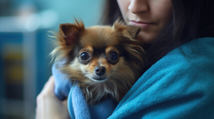A woman holding a small dog wrapped in a towel. An owner with ill pet in a vet clinics.