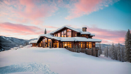 Dreamy Luxury House in Aspen Colorado with stunning sunset view.Visualized from real photo. - obrazy, fototapety, plakaty