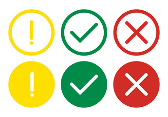 Set of flat round check mark, exclamation point, X mark icons, buttons on a isolated background.Green red yellow vector circle symbols. Red check mark icon vector.Stock vector. Vector illustration - obrazy, fototapety, plakaty