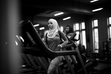 A Muslim woman is doing fitness in a fitness center. Gym. Healthy lifestyle. Muslim athlete. Generative AI - obrazy, fototapety, plakaty