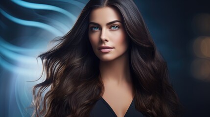 A woman with long dark hair and blue eyes.