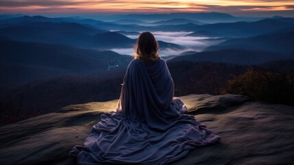 Serene mountain repose: girl finding tranquility in nature's embrace, panoramic relaxation amid breathtaking landscapes.