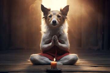 Old sage dog in monk attire in meditation pose in temple. A doggy guru meditates, achieving nirvana. Suitable for spiritual or humorous content. - obrazy, fototapety, plakaty