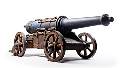 Old artillery cannon on wooden wheels on white background. Antique medieval weapon that shoots cannonballs. Mortar bombard. Vintage weapons for war. Ideal for historical or military themed projects