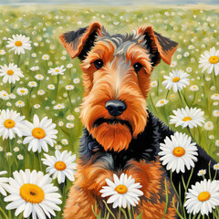 Watercolor Welsh Terrier dog in a white daisy field