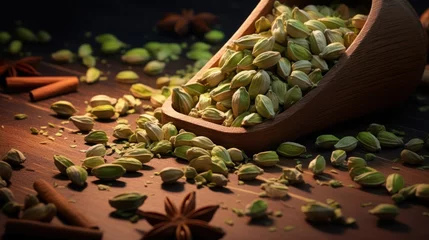 Zelfklevend Fotobehang Green cardamom pods in wooden scoop with star anise and cinnamon sticks on dark background, ideal for use in the food and drink industry. Aromatic Spice for tea, hot chocolate, coffee, cocoa. © Jafree