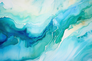 A captivating alcohol ink piece showcasing a fusion of oceanic bluesturquoiseand seafoam greens...