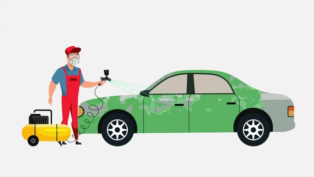 Car Painting Service From Worker Change Color Blue Cartoon