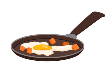 Fried egg with bacon or meat pieces in pan vector illustration. Cartoon isolated cooked egg and ham or sausage on steel skillet with handle for easy English breakfast, menu of protein morning dish