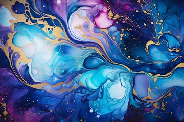 A celestial-inspired alcohol ink artwork with swirls of celestial bluespurplesand iridescent silverreminiscent of a mystical starry night.