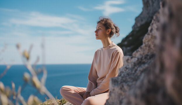 Woman Yoga Meditating on a Cliff near the Blue Sea Photo Relax under Calm Sky