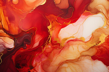 A dynamic alcohol ink creation featuring bold strokes of crimson redfiery orangeand molten goldexuding passion and intensity. - obrazy, fototapety, plakaty