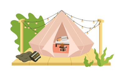 Luxury camping tent in nature for summer ecotourism, glamping vector illustration. Cartoon isolated glamorous tipi on wooden terrace with pillows for weekend retreat, glamour fashion experience © Natalia