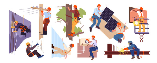 Rope access workers at work at height set vector illustration. Cartoon isolated industrial climbers with mountaineering equipment and helmet fix wires and air conditioner, cut trees and climb wall - obrazy, fototapety, plakaty