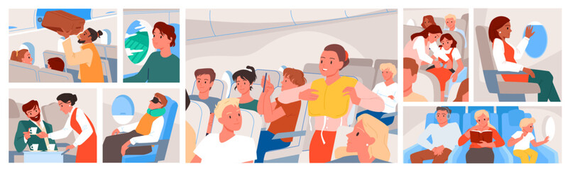 Passengers travel by plane vector illustration. Cartoon people sitting in seats in cabin interior of airplane, looking out window or sleeping, flight attendant serving drink, introducing life vest