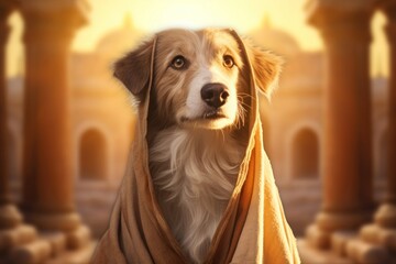 Majestic wise dog sage dressed in robe against ancient temple during sunrise. Light create halo around dog, making it look like divine creature. Dog god. Religion concept. - obrazy, fototapety, plakaty