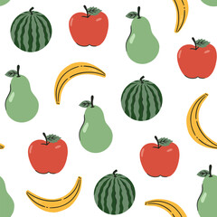 Fruit vector background template. Citrus fruits seamless pattern. Hand drawn vector illustration of fruit. Engraved style. Citrus background. Apple, watermelon, pear, pineapple, cherry, strawberry