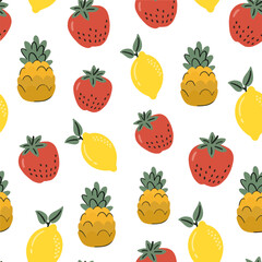 Fruit vector background template. Citrus fruits seamless pattern. Hand drawn vector illustration of fruit. Engraved style. Citrus background. Apple, watermelon, pear, pineapple, cherry, strawberry