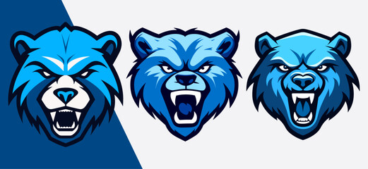 Set of Blue Bear Mascot Logos for Esports and Sports, Stickers, and T-shirts - Vector Cartoon Illustration