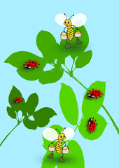 Some leaves where there are bees with buckets of honey, and there are also some ladybugs there


