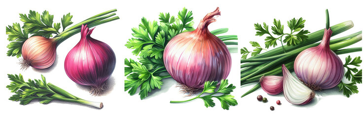 Whole bulb red onion with fresh green sprout, half and rings isolated on white background. 