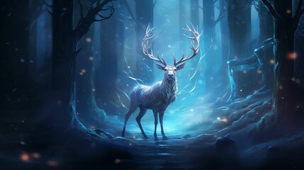 A magic deer in a snowy forest.